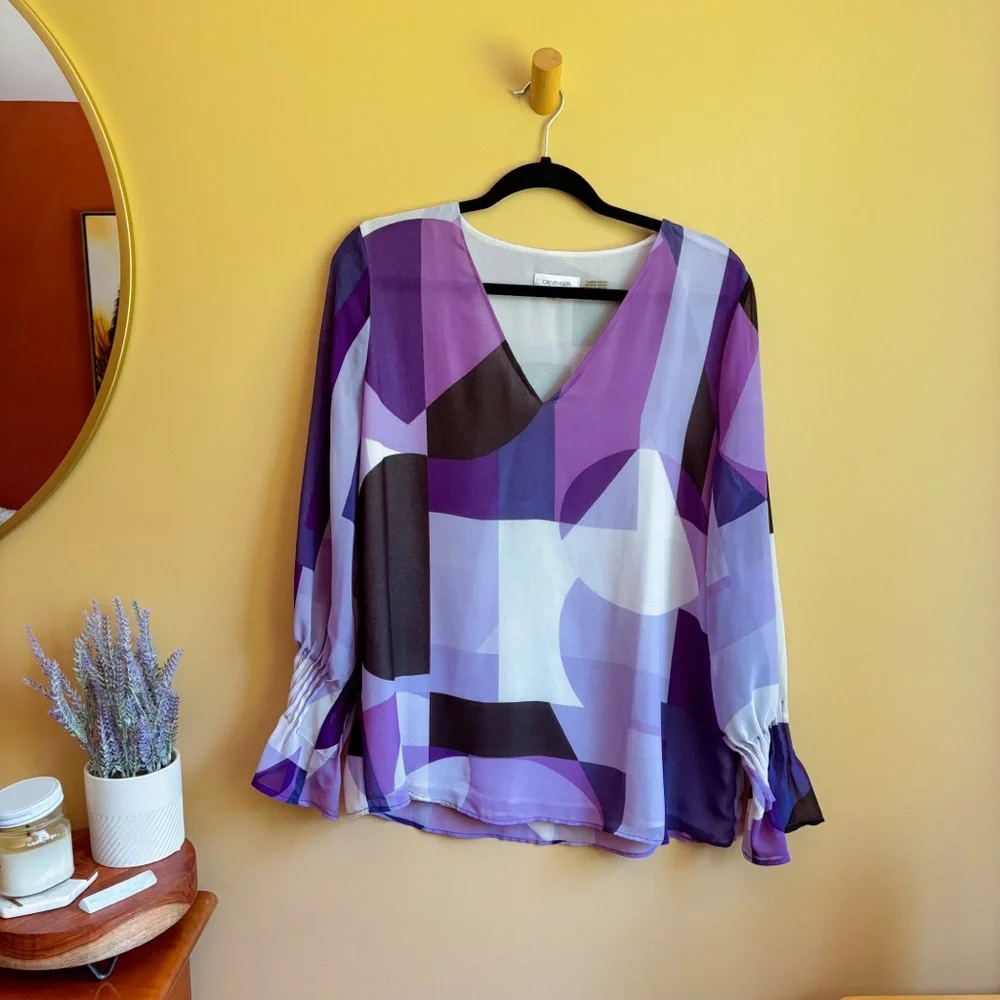Calvin Klein Purple Geometric Blouse Size Large 💜 - Picture 1 of 6